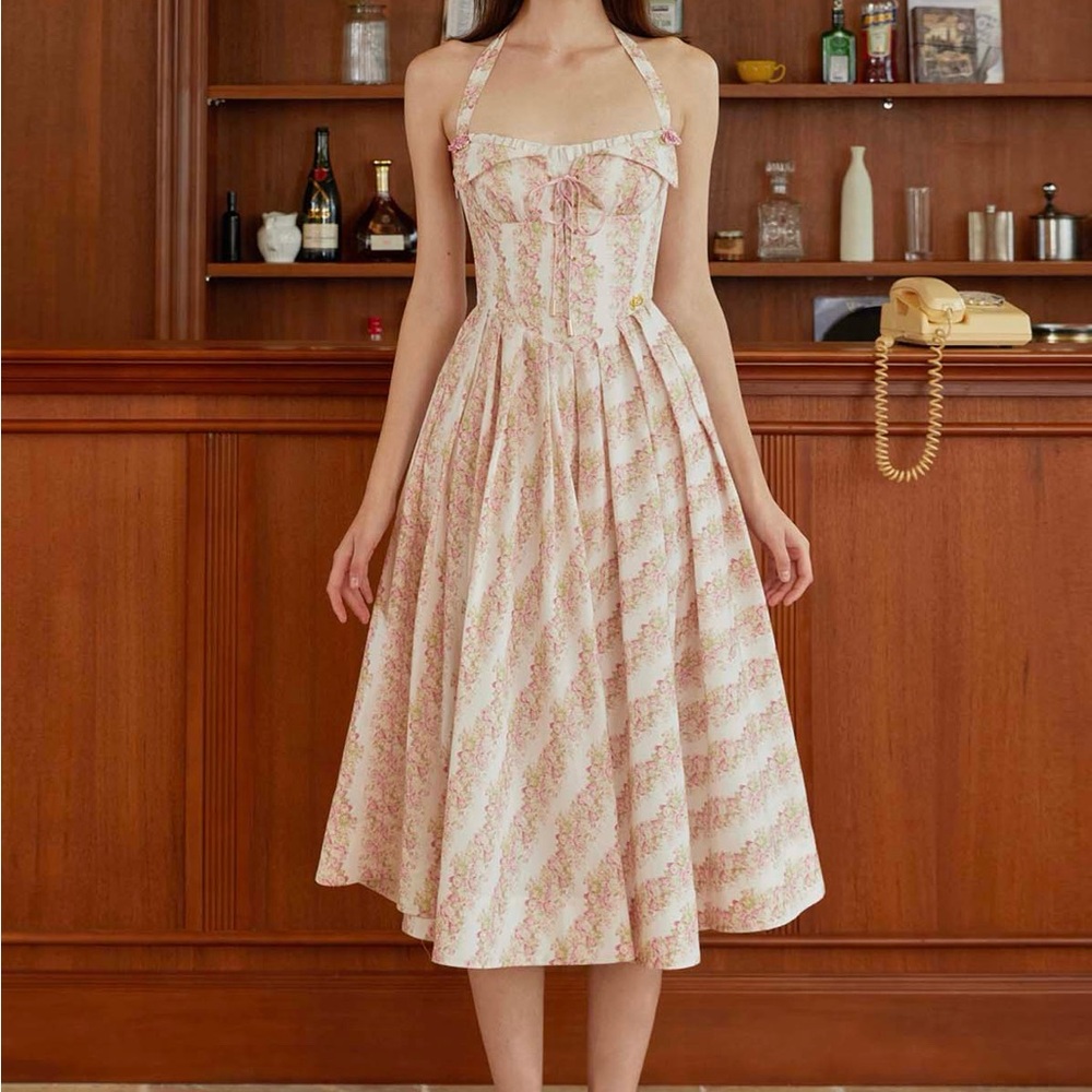LaceMade Halter Neck Pink Floral Midi Dress - Picture 2 of 6
